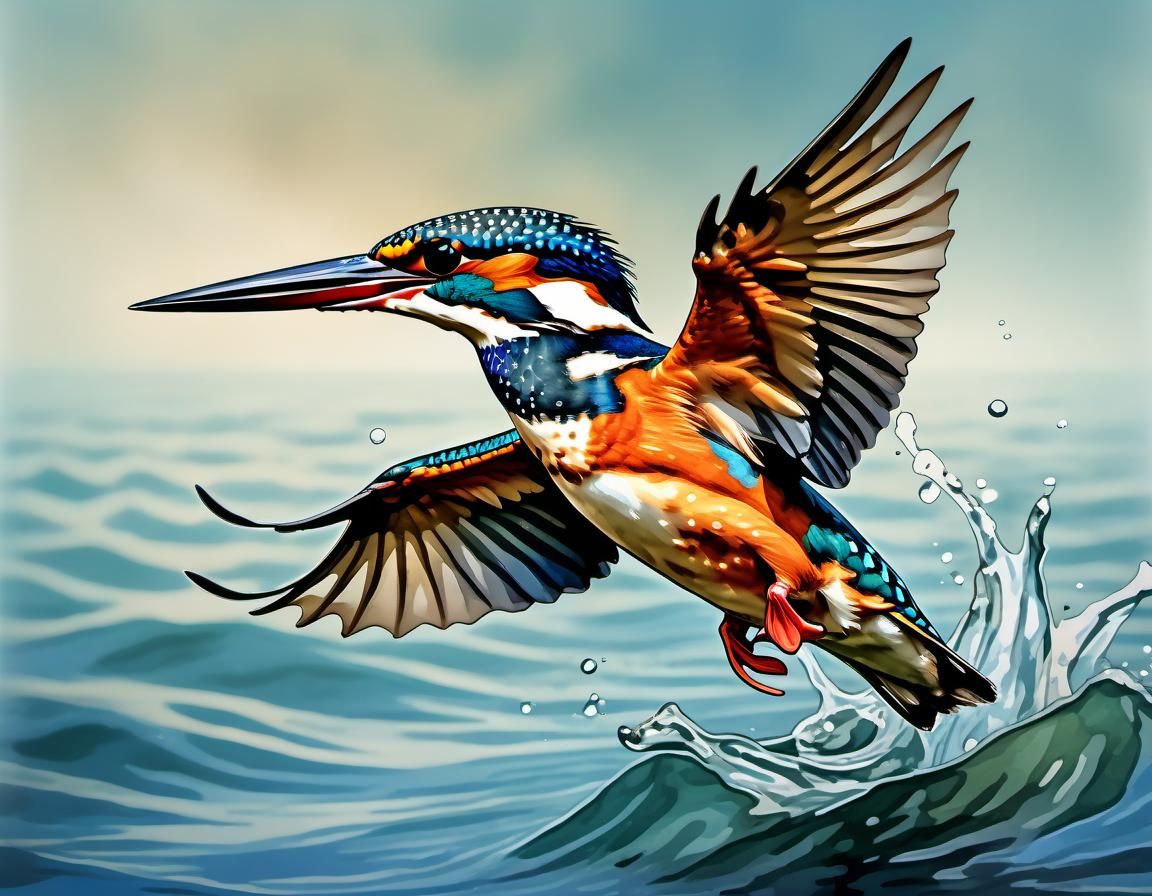 Kingfisher Catching Fish: Digital Watercolor Illustration