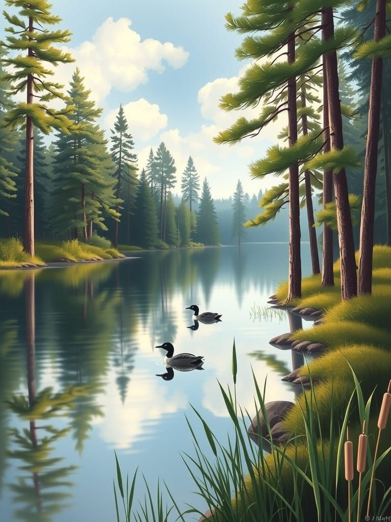 Tranquil Northern Woods Pond in Earthy Tones