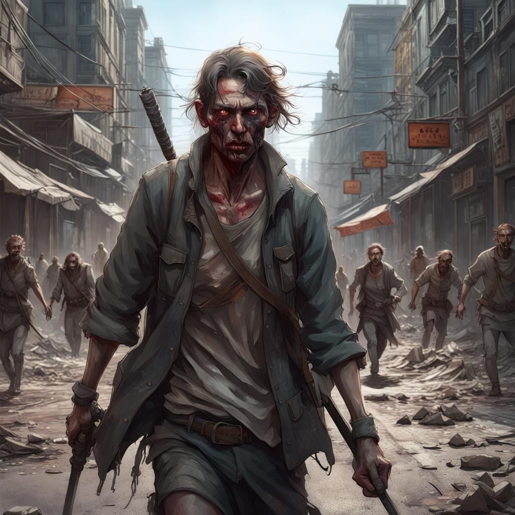 Post-Apocalyptic Escape: Katana-Wielding Man and Zombies
