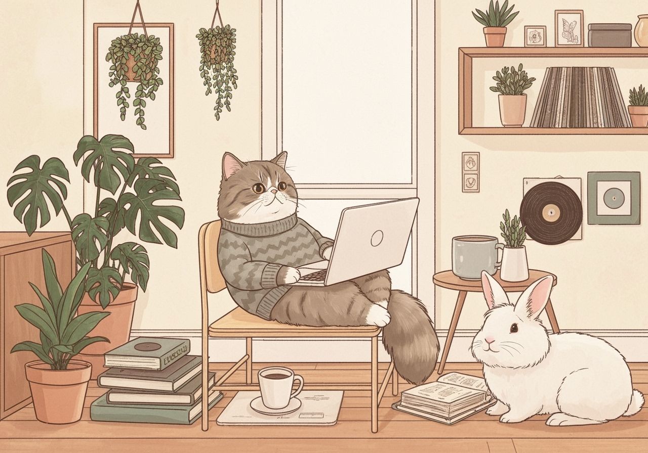 Cozy Cat and Rabbit Workspace in Scandinavian Style