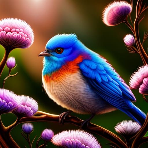 Cute Blue Bird with Fractal Flowers in Pixel Art