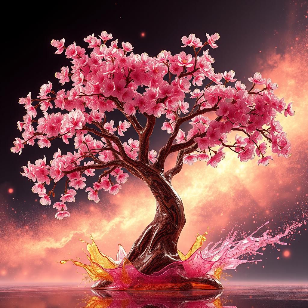 Glass Cherry Blossom Sculpture with Cosmic Splash Art
