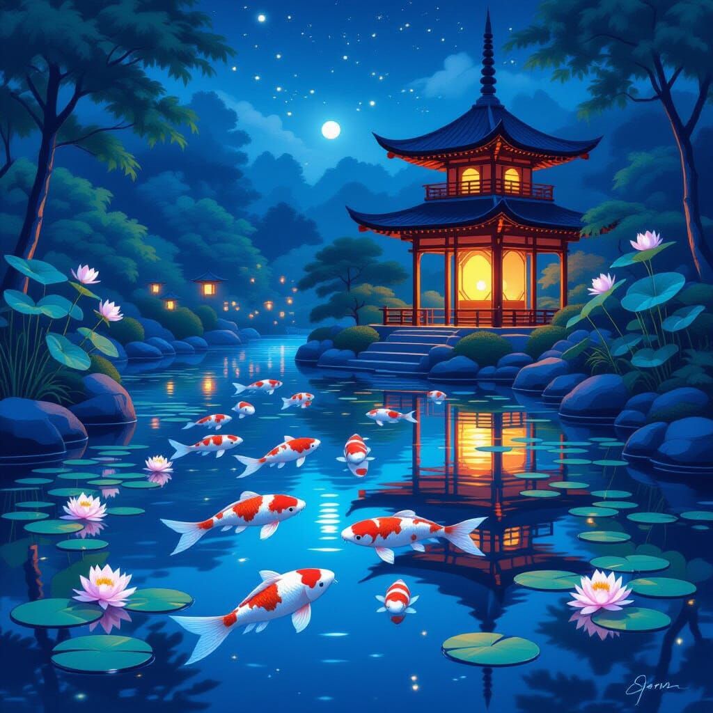 Futuristic Koi Pond at Night in Digital Art Style