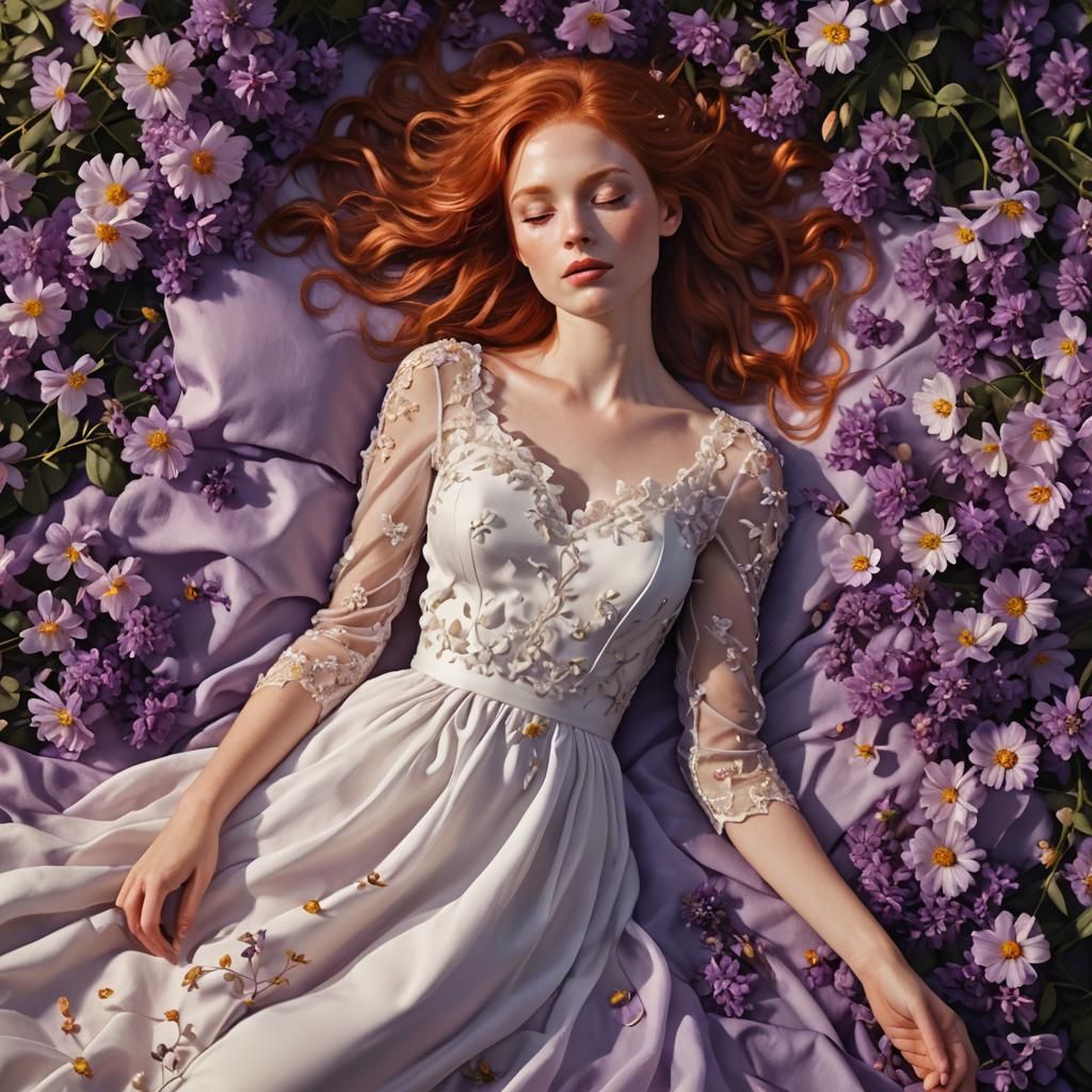 Woman in Purple Flowers: Hyper-Realistic Digital Art