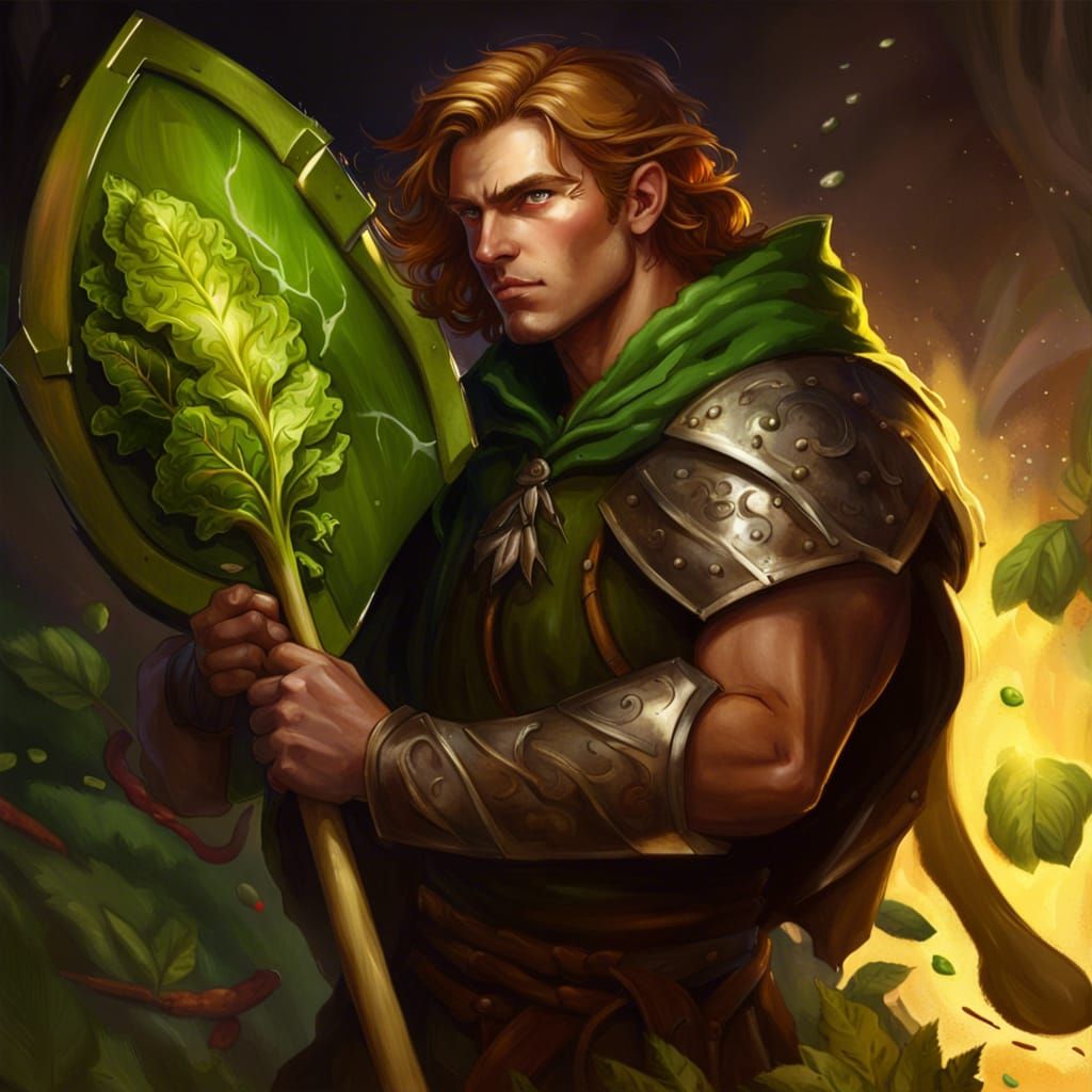 Fantasy Human Male with Vegetable Shield, Hyperrealistic Art