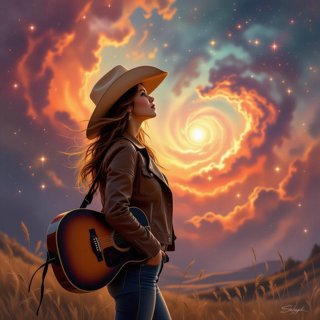 Cowgirl Gazing at Nebula in an Oil Painting Style
