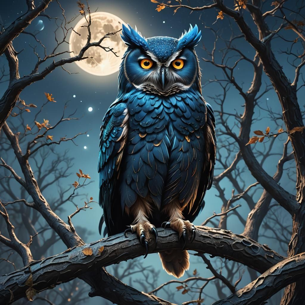 Glowing Blue Owl on Branch in Detailed Matte Painting