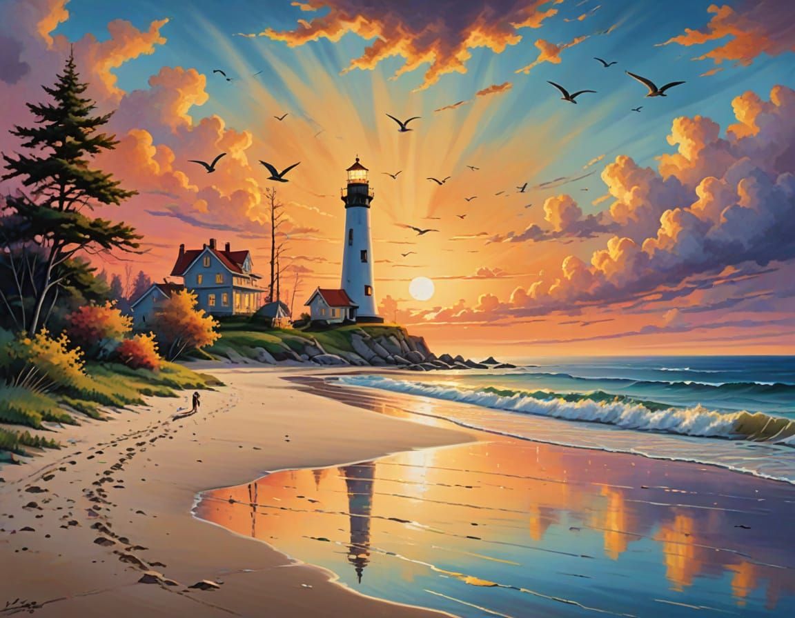 Couple at Lighthouse Beach at Sunset in Fauvist Style