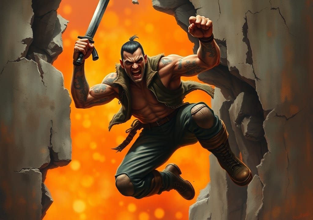 Fierce Tattooed Warrior Leaping from Ruins in Oil Painting S...