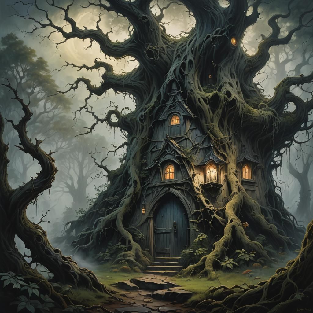 Eerie Witch in Misty Forest Oil Painting