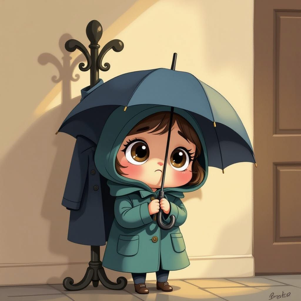 Shy Umbrella Hiding Behind Coat Rack in Children's Book Styl...
