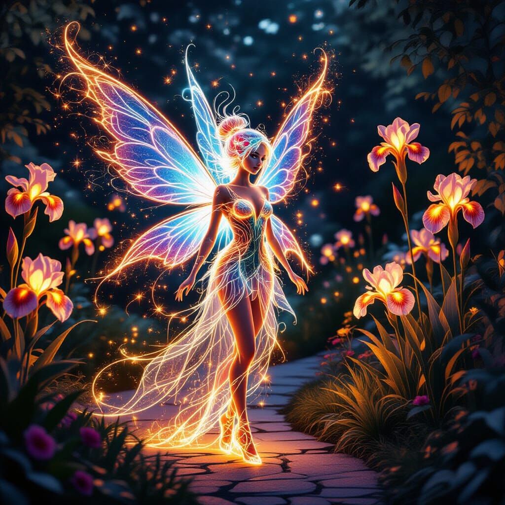 Neon Fairy Weaving Fiery Irises in Magical Garden