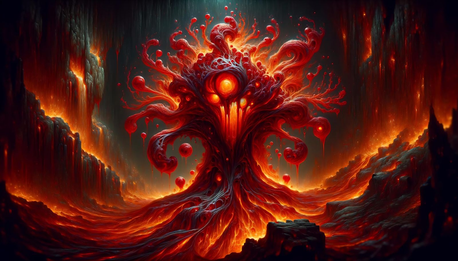 Bloodfire Ooze: A Demonic Lava Creature in a Cavern