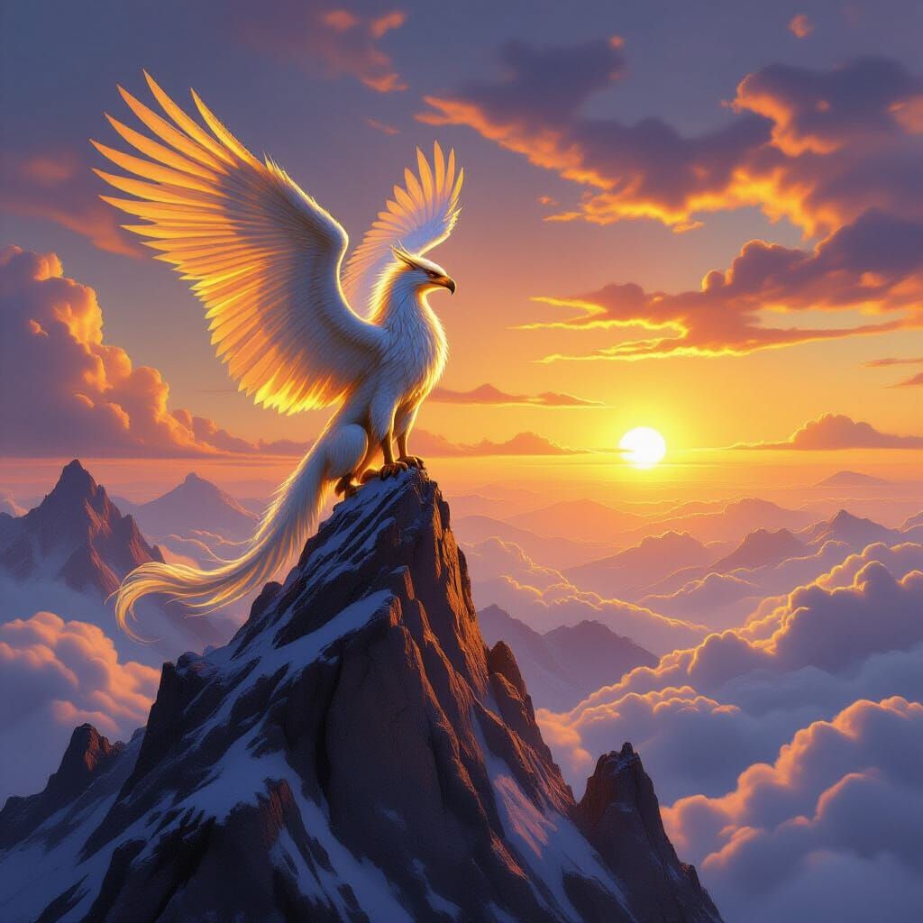 Majestic Griffin on Crystalline Peak at Sunset
