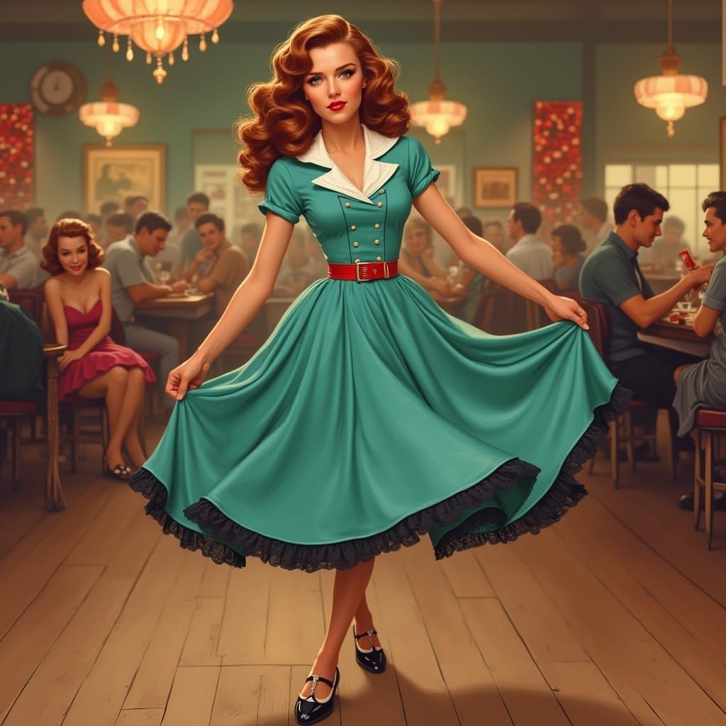 Retro Dance Hall Siren in Turquoise Swing Dress