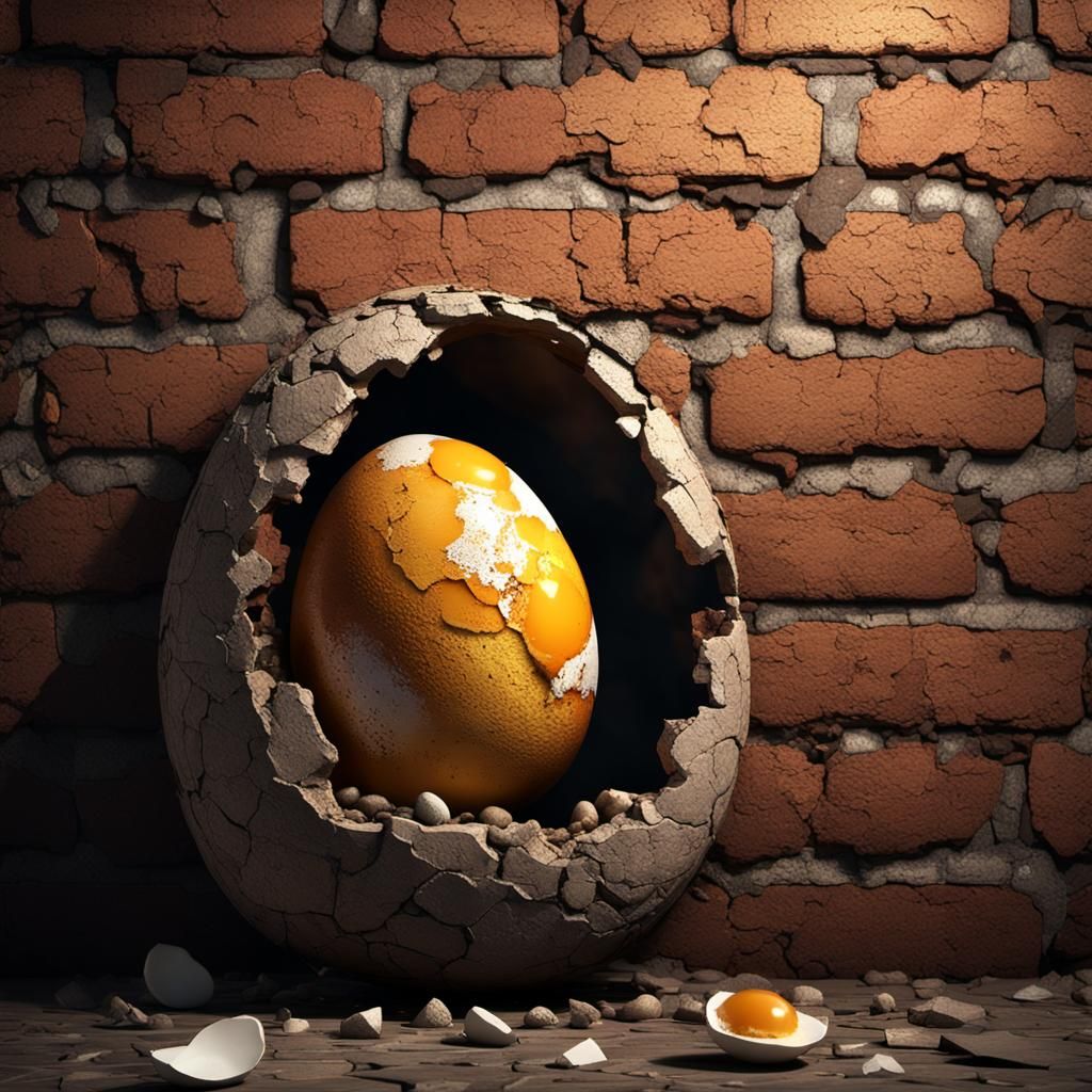 dirty mean old rotten  broken egg setting on a brick wall  ,giant egg,real detailed  textures ,unreal engine 5 ,128 bit ...