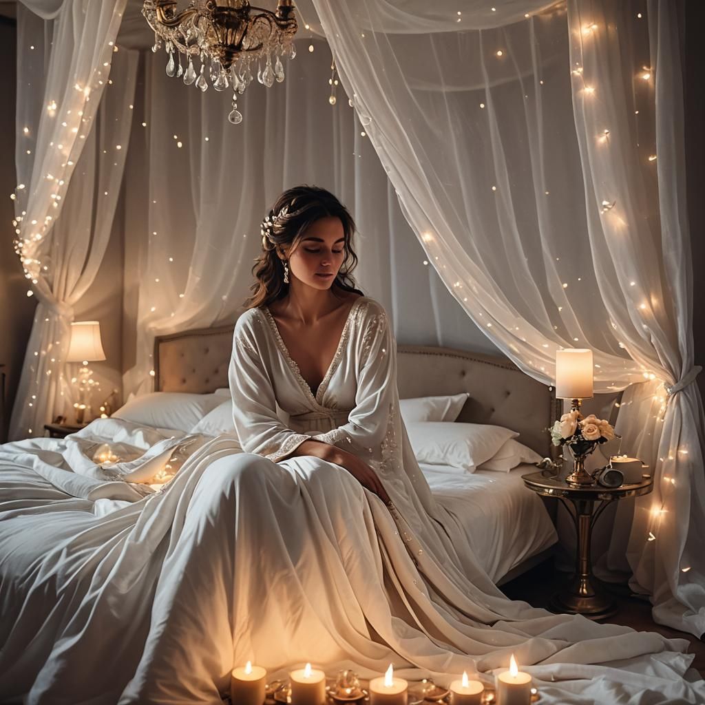 Elegant Woman Awaits Her Lover in Luxurious Bedroom