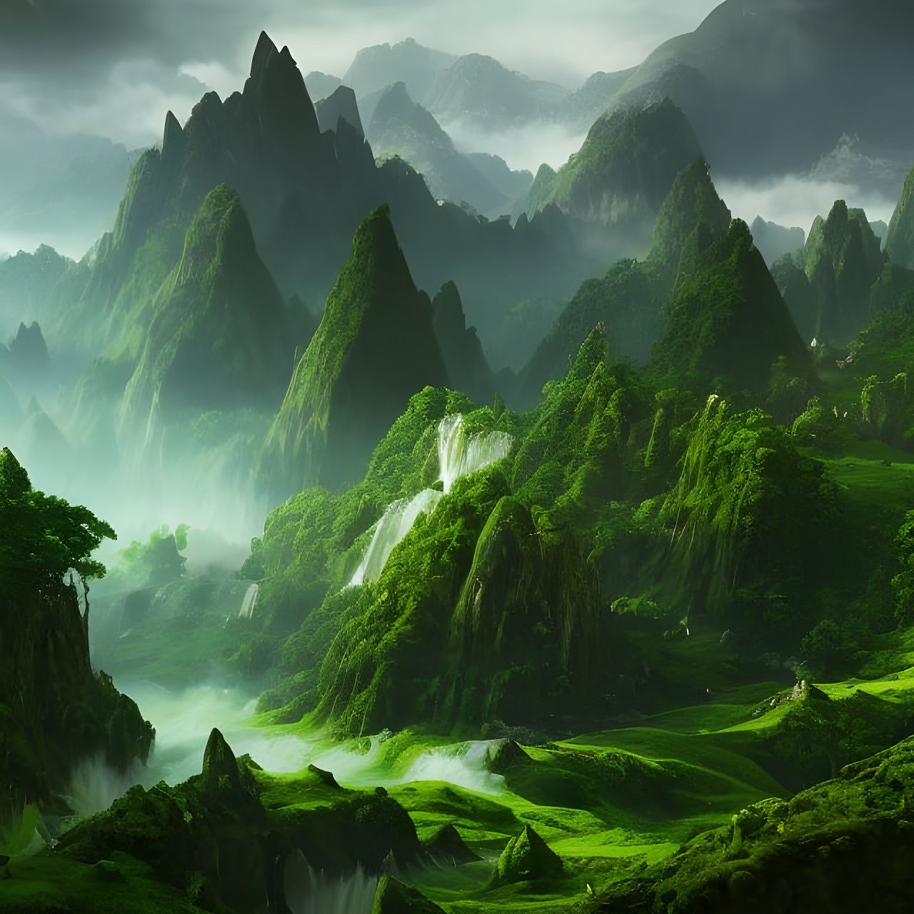 Lush Green Mountains in Detailed Matte Painting