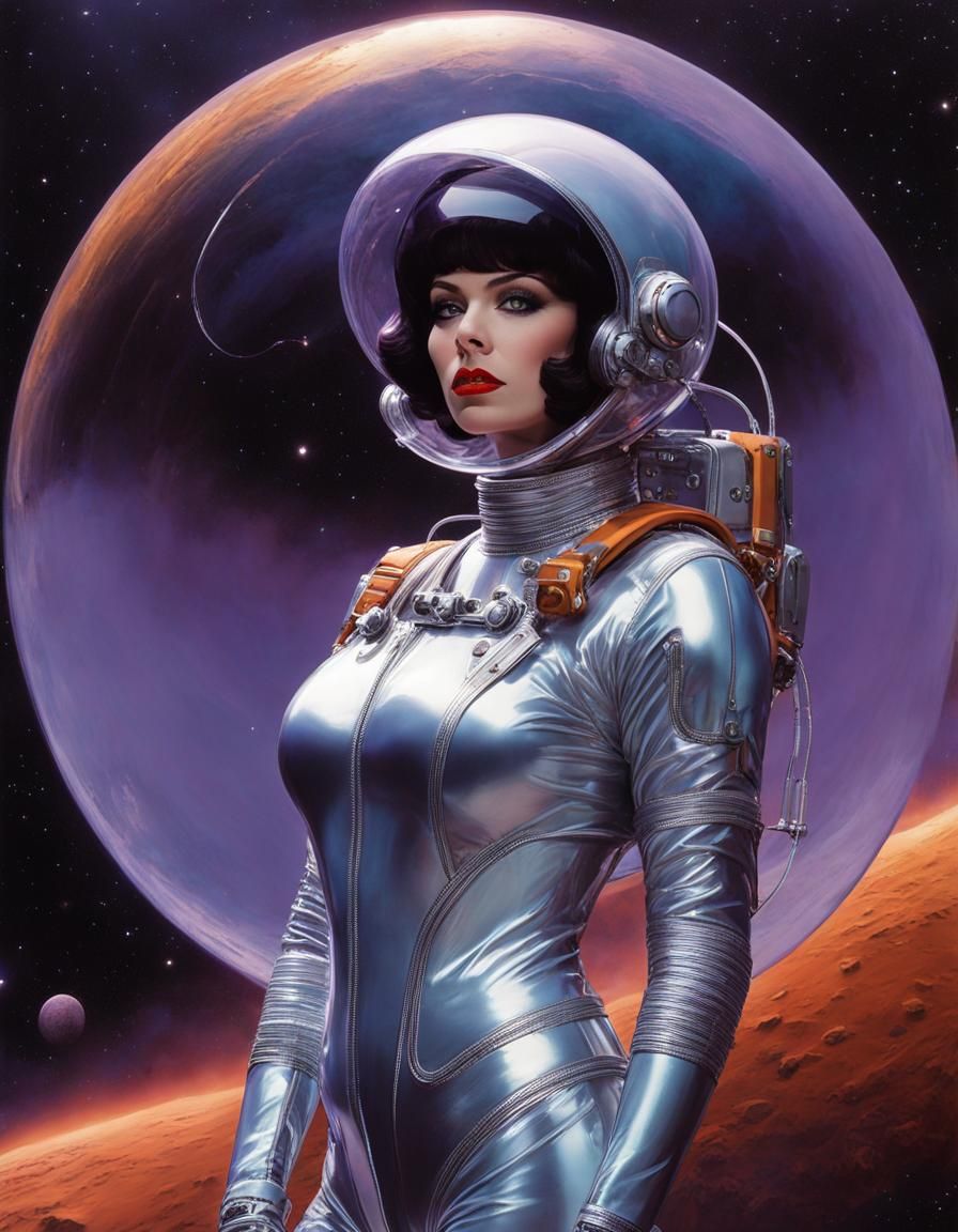 Woman in See-Through Spacesuit in Space, Retrofuturism
