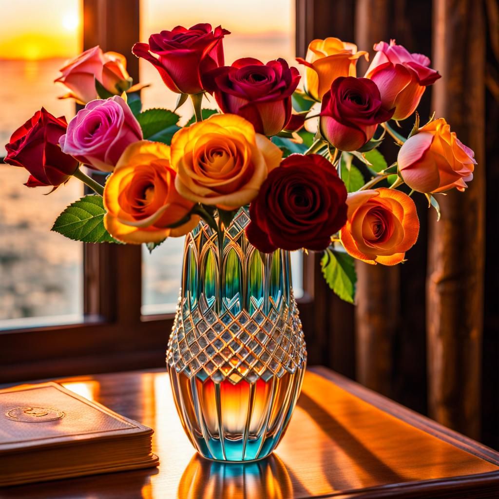 Roses in Tiffany Vase: Art Nouveau Desert Scene