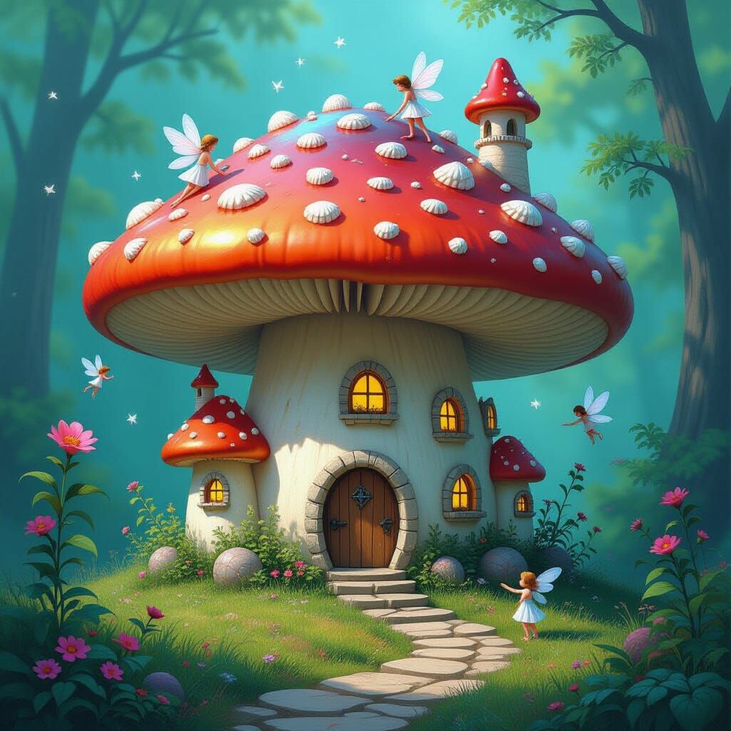 Iridescent Mushroom Fairy Village: Impasto Acrylic