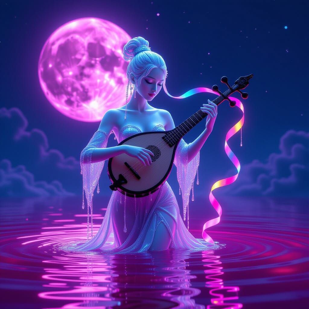 Ethereal Water Figure Plays Pipa Under Purple Moon