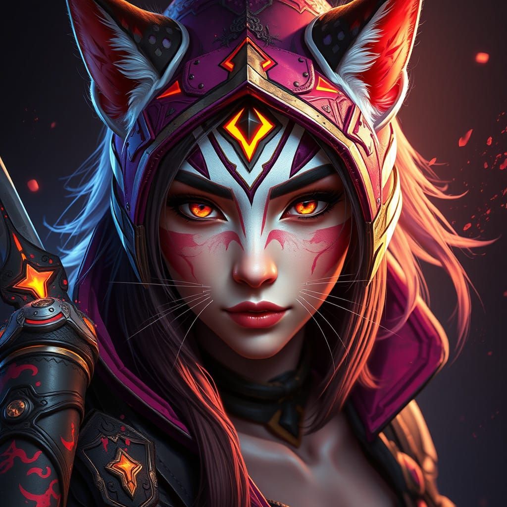 Ethereal Cat Samurai Warrior in Triadic Hues