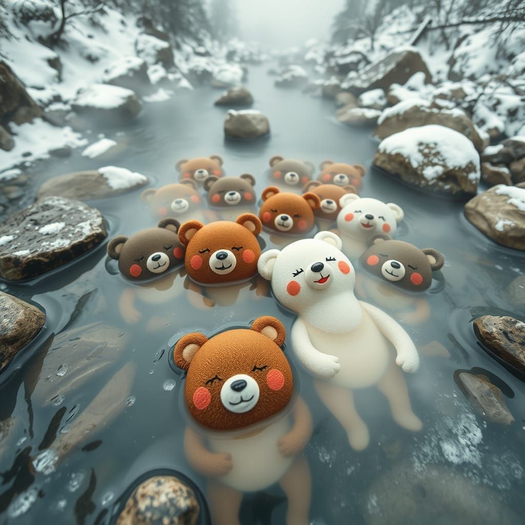 Cute Bear Dolls Relaxing in Mountain Hot Spring