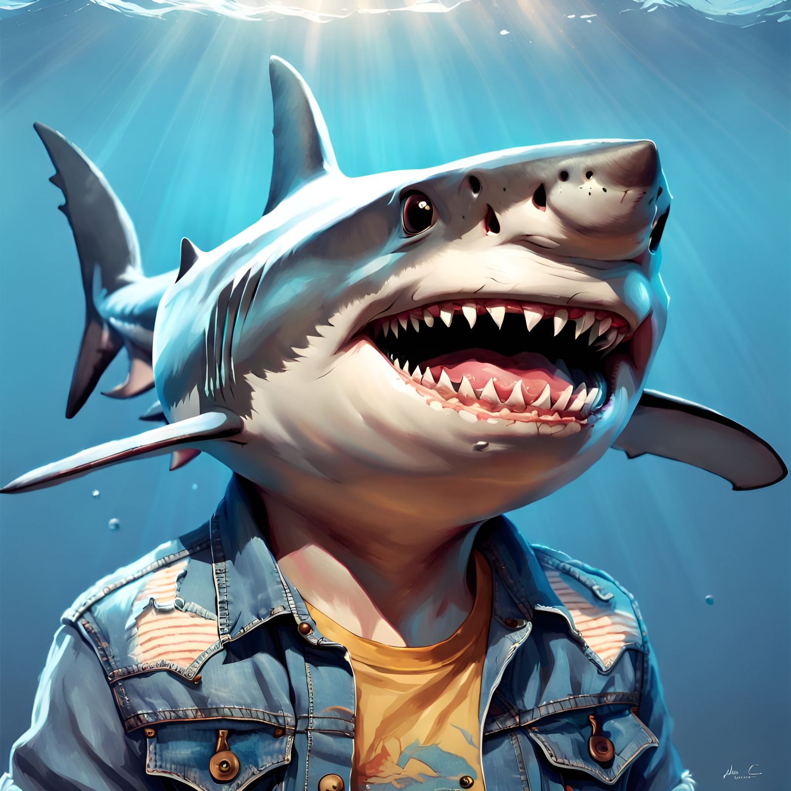 Adorable Denim Shark Portrait, Digital Illustration