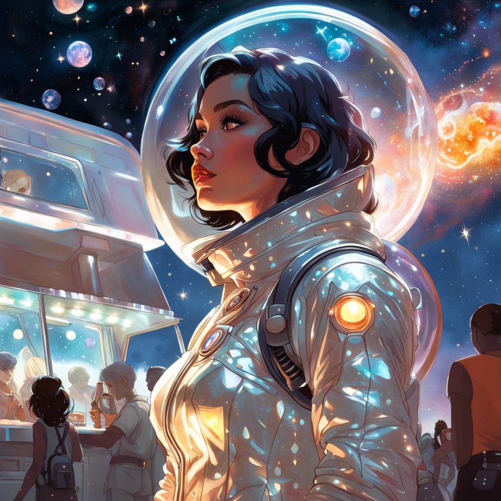 Space Girl at Cosmic Food Truck, Digital Art