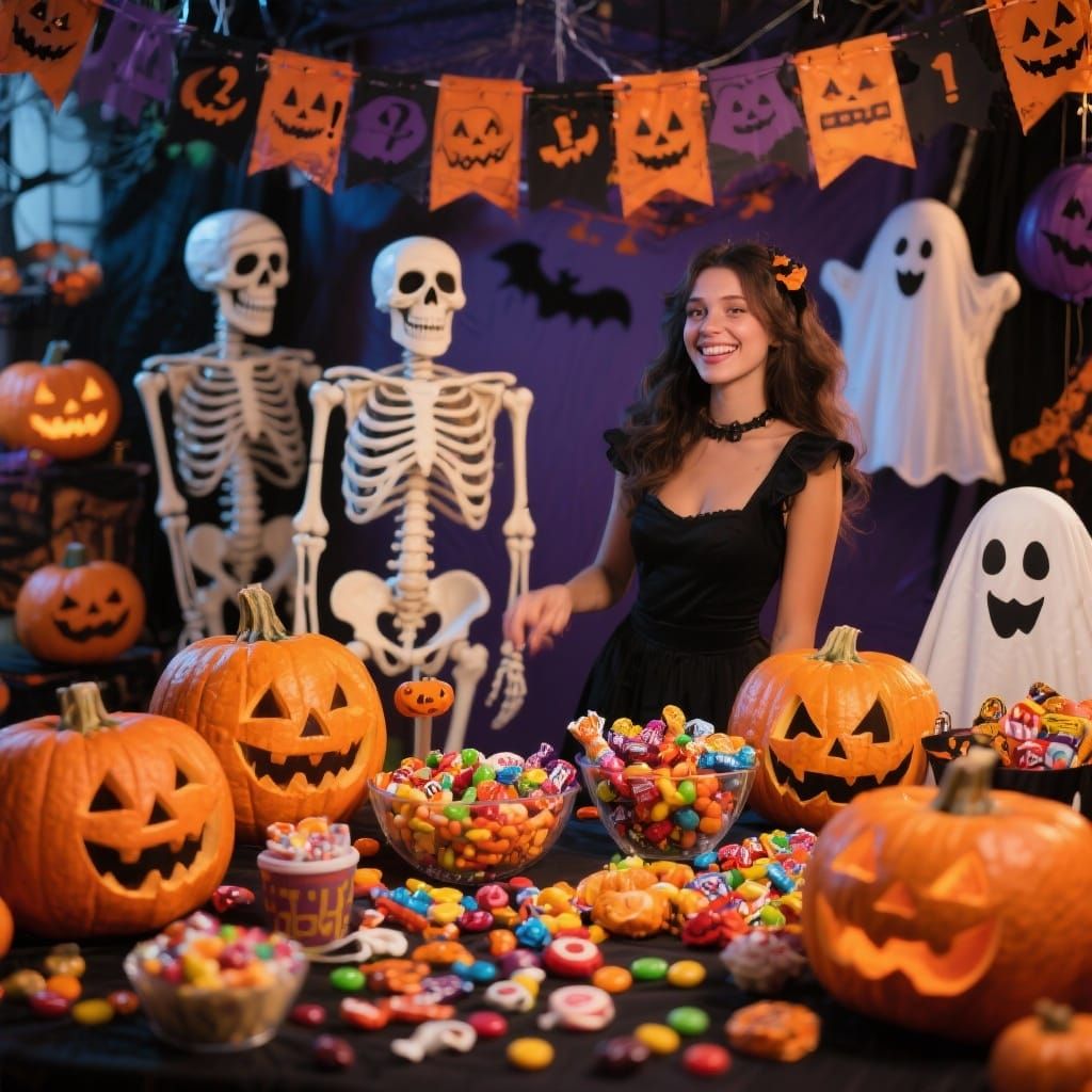 🥳🍫🎃☠️🧙‍♀️🐺🍎🎭A Halloween part with candy, pumpkins, sk...