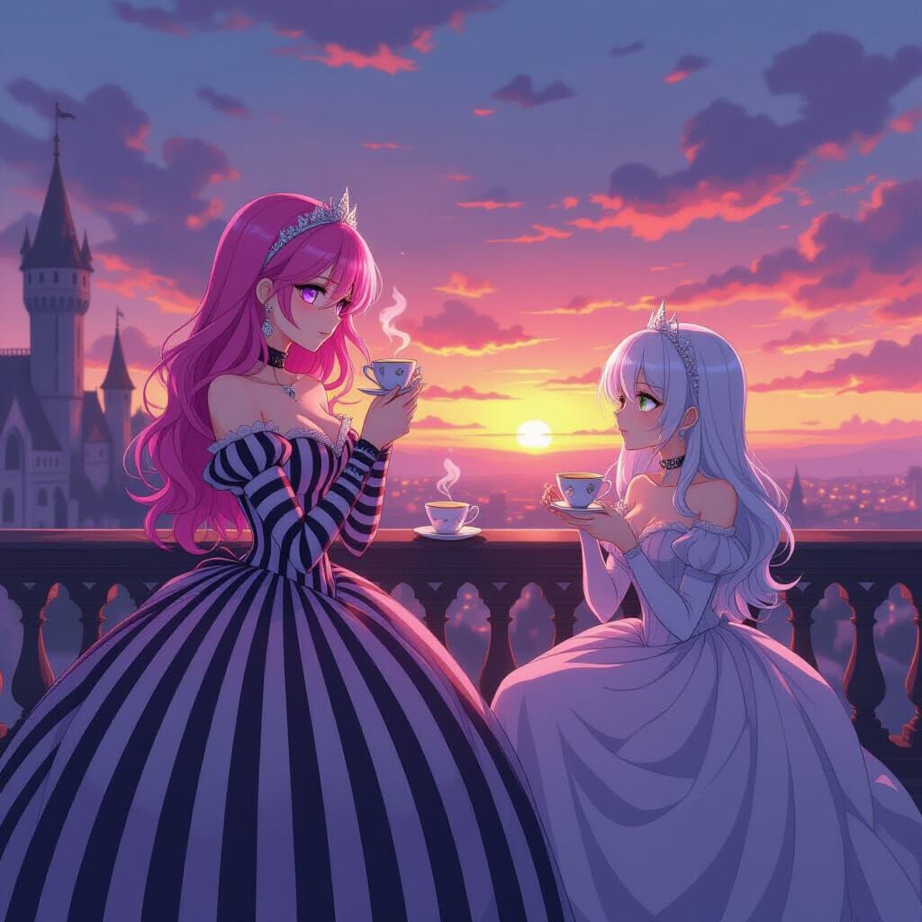 Gothic Castle Sunset Scene in Alcohol Ink Style