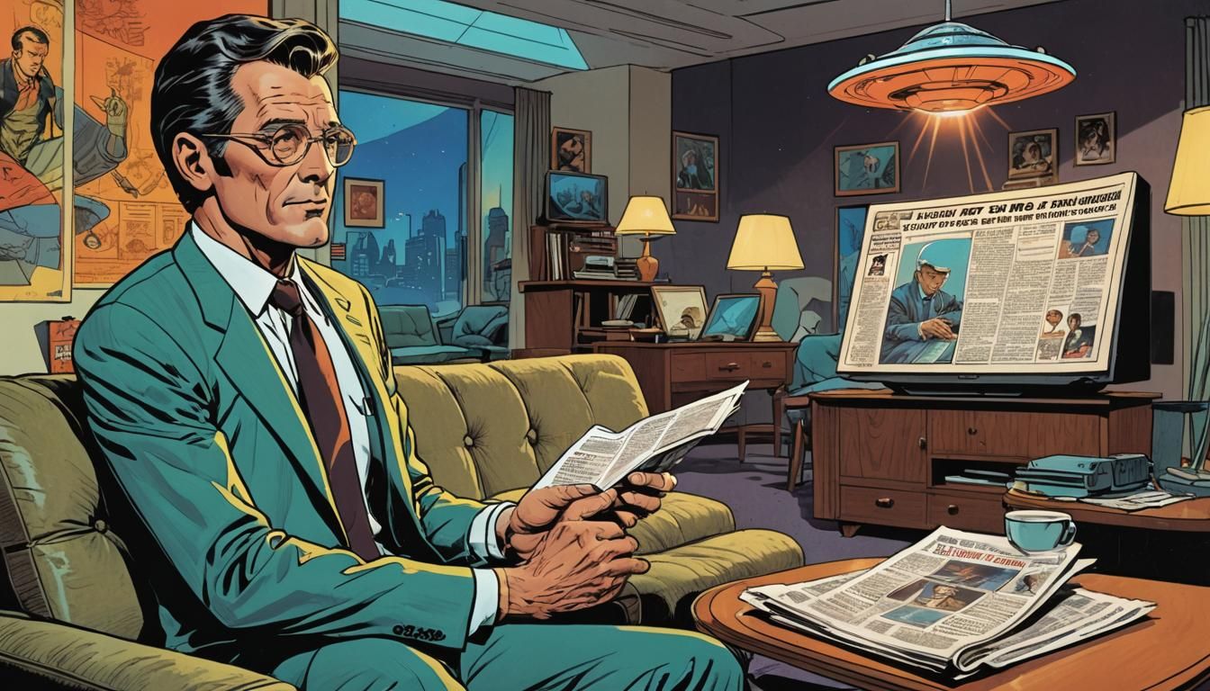 Retro-Futuristic Comic Book Scene with UFO TV