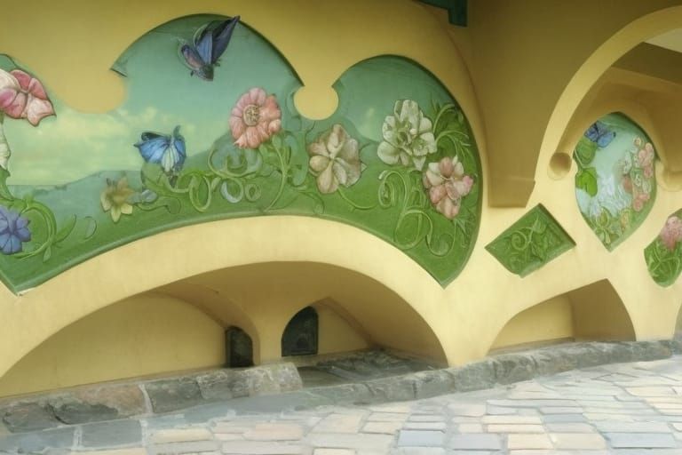 Exquisite Garden with Art Nouveau Gothic Archways