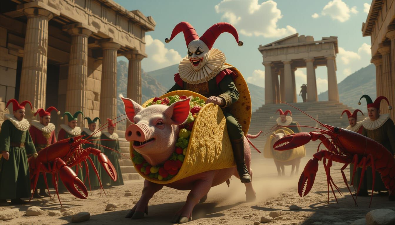 CRYPTID JESTER RIDING HIS TACO PIG AT THE ACROPOLIS