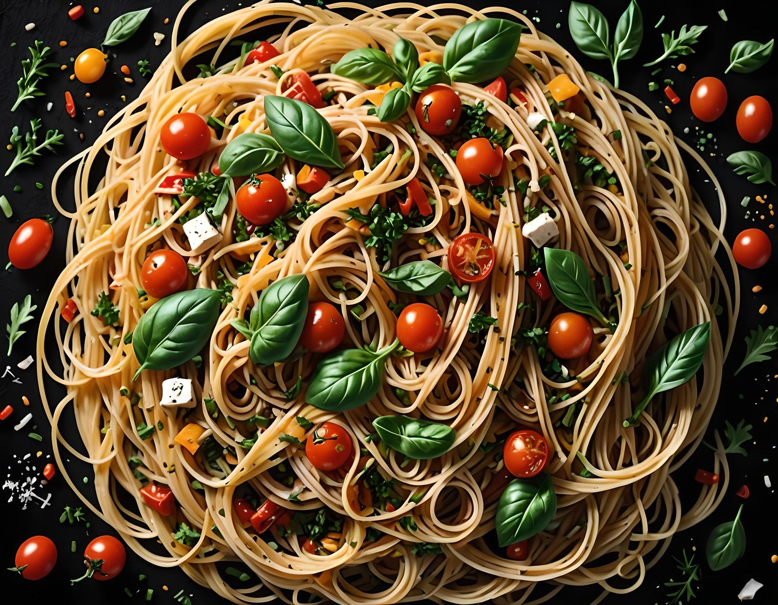 Italian Capellini with Vegetables on Black Background