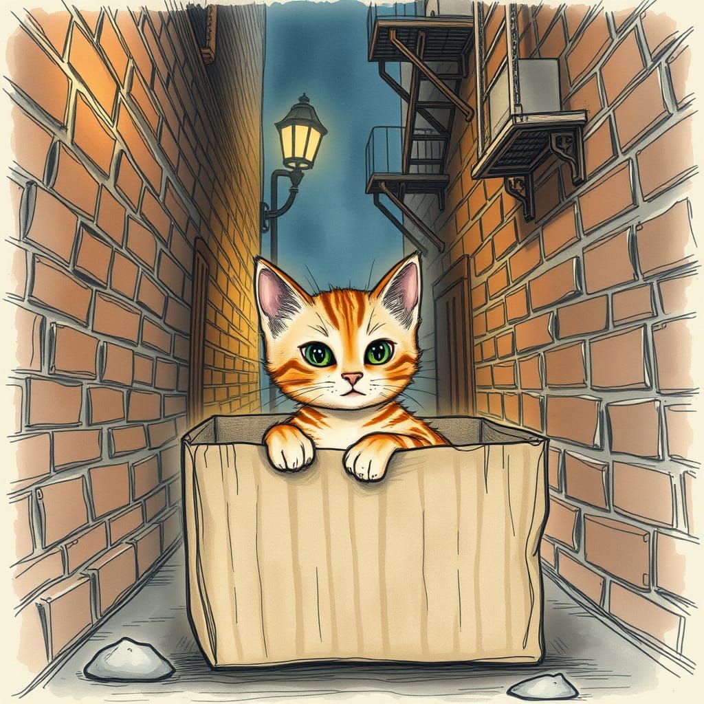 Whimsical Ginger Kitten in a Cozy Alleyway Scene