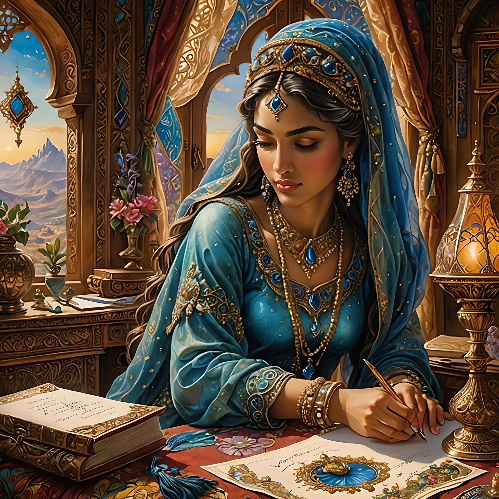 Arabian Princess Writing Letter, Hyperrealistic Concept Art