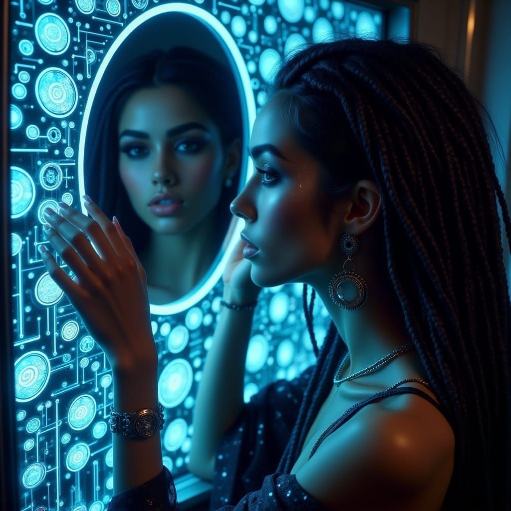 Dreamy Woman and Bioluminescent Mirror in Cyberpunk Style