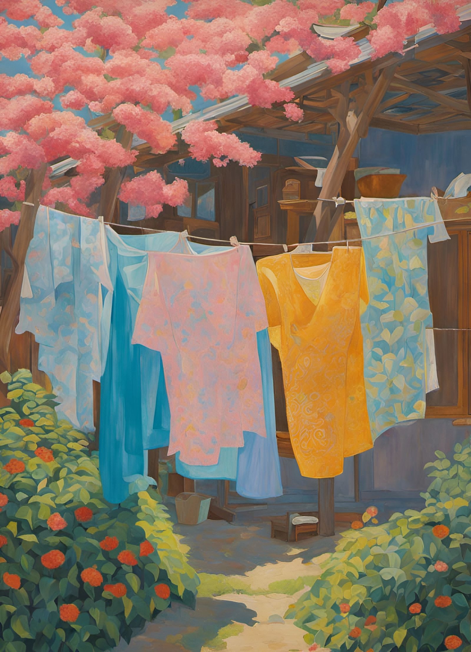 Woman Hanging Clothes: Magic Realism Oil Painting