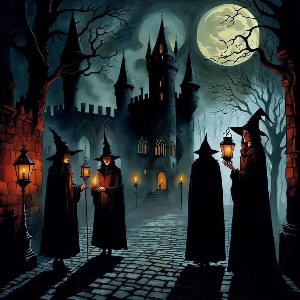 Gothic Witch School Magic Practice in Dark Fantasy Style