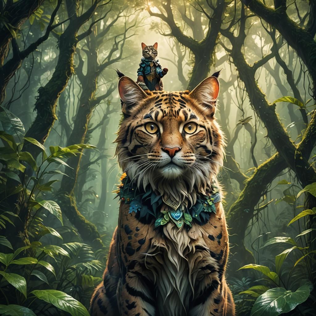 Majestic Feline-Human Hybrid in Science Fantasy Forest