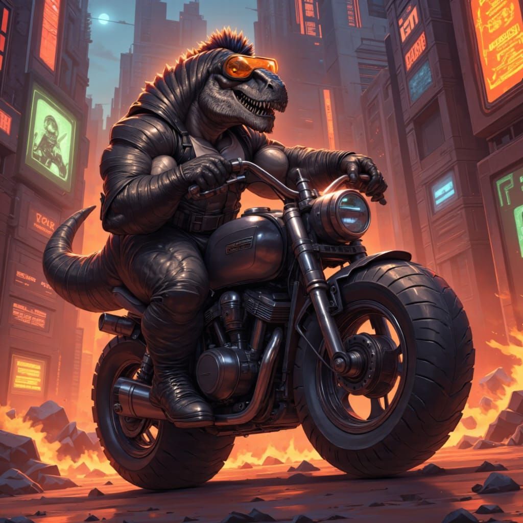 Dinosaur Biker in Cyberpunk City, Gritty Sci-Fi Art