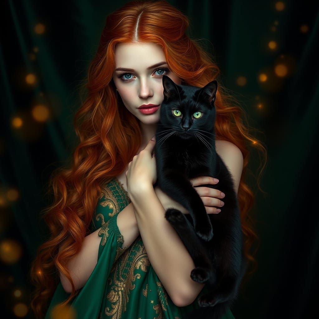 Ethereal Lady and Cat in Emerald Green
