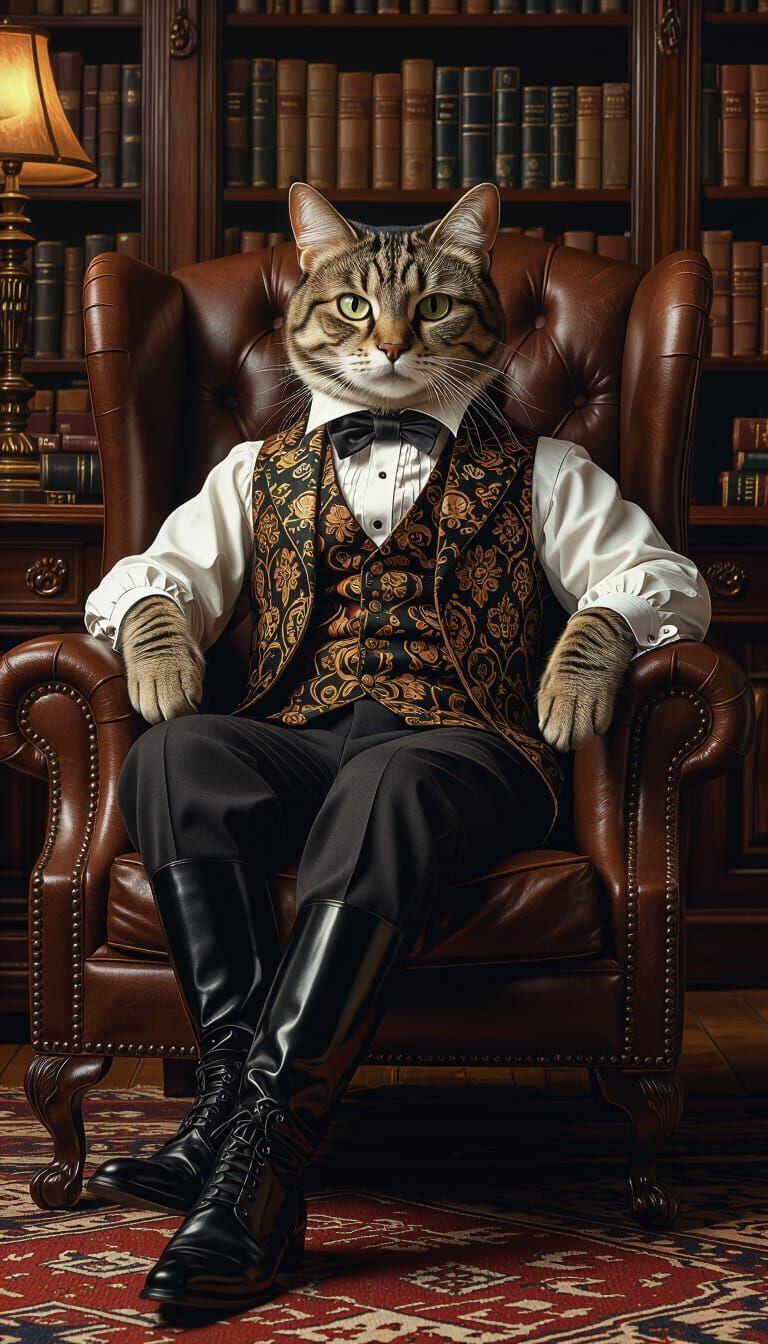 Victorian Cat Gentleman in Library, Digital Art