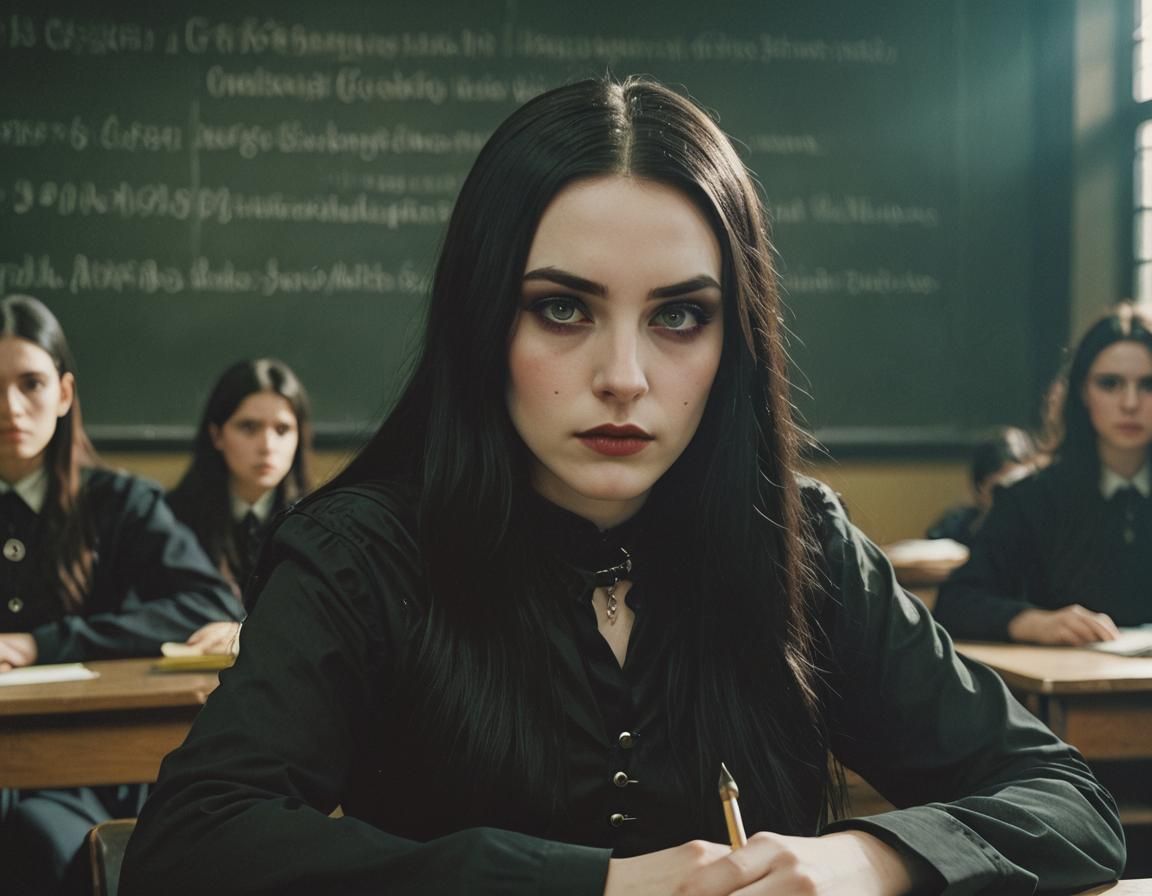 Goth Woman in Classroom: Cinematic Film Still