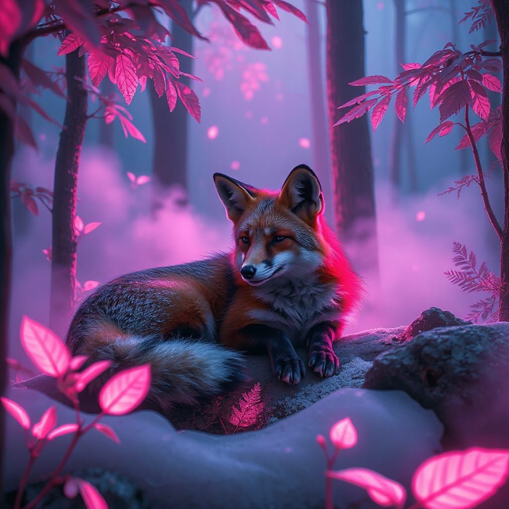 Fox in Zen Forest with Neon Leaves