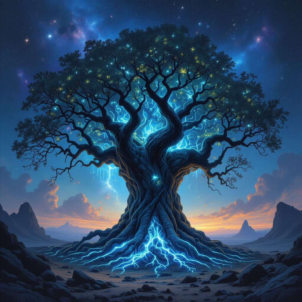 Majestic Ancient Tree with Ethereal Glowing Roots
