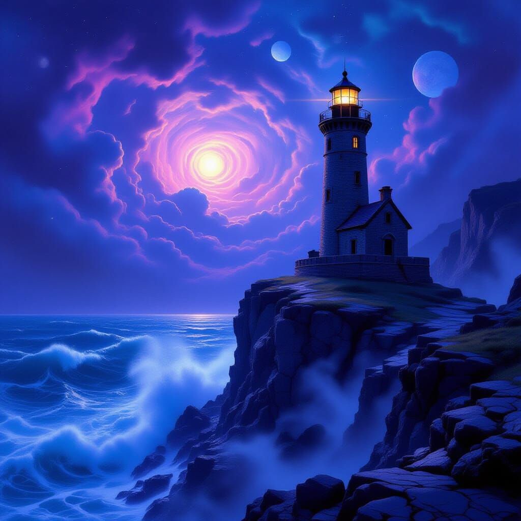 Ancient Lighthouse on Starry Ocean Overlook