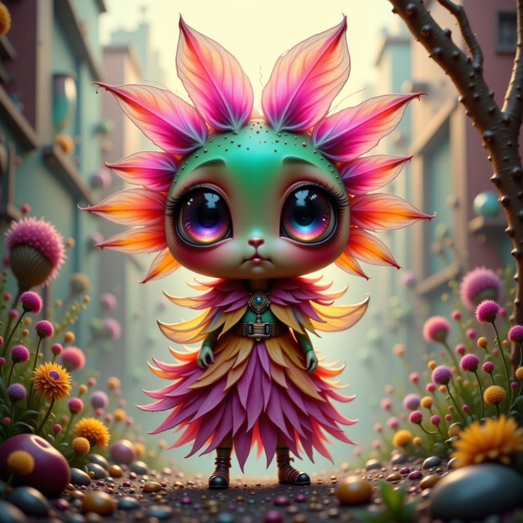 Bohemian Cyberpunk Flower Creature in Oil Painting Style